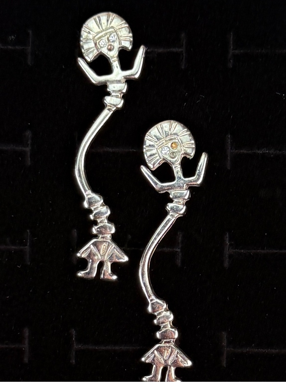 Vintage Silvertone Tribal Figure Pierced Earrings